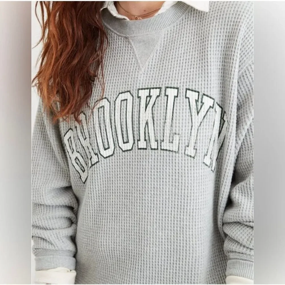 AERIE Brooklyn Graphic Gray Waffle Knit Oversized Crewneck Sweater Small